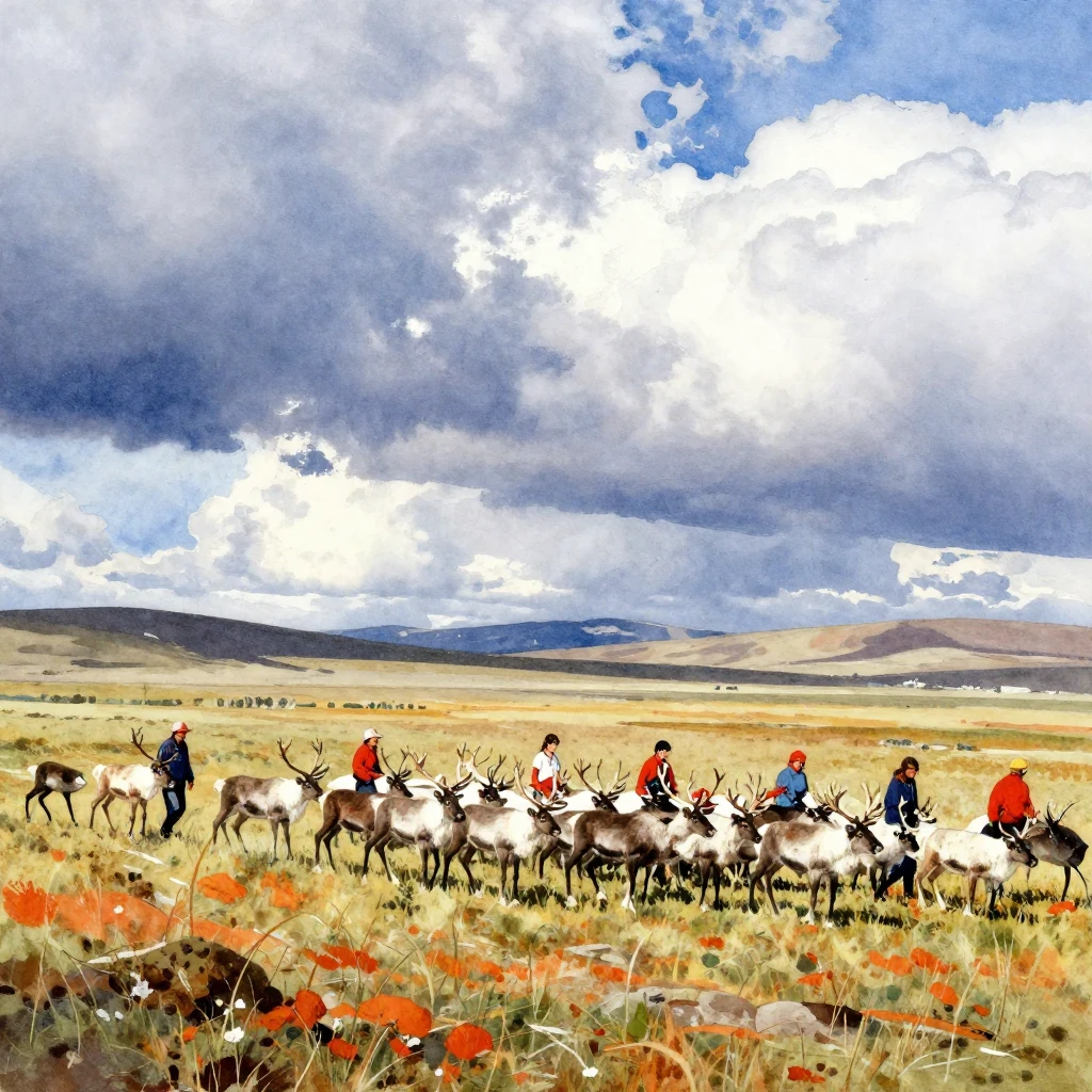 A vibrant watercolor painting depicting people herding anima...