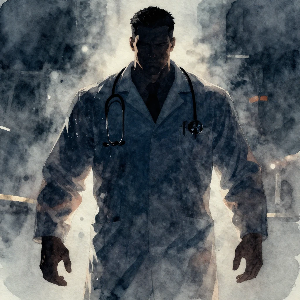 Watercolor style. A silhouette of a large, powerful man in a...