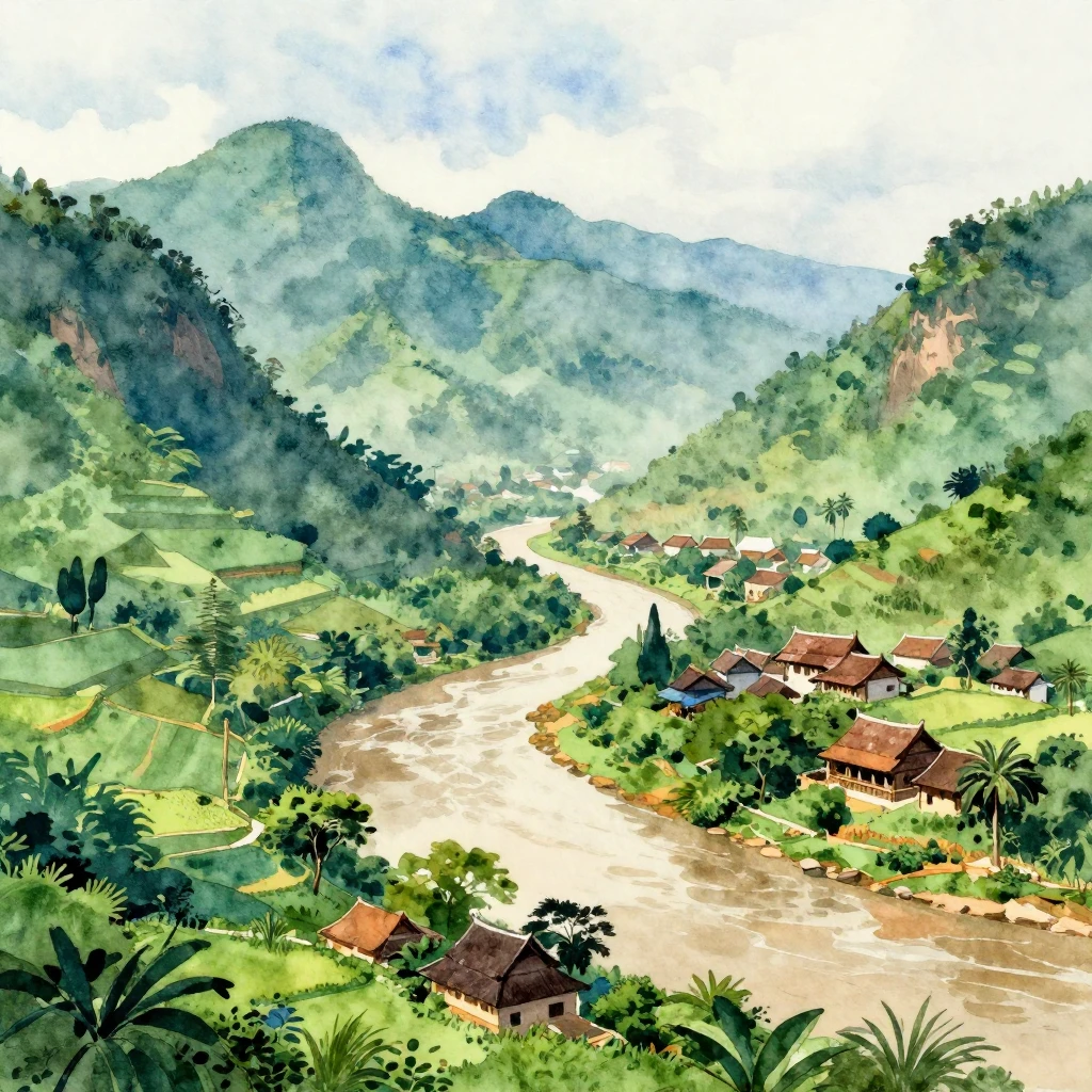 A vibrant watercolor landscape of Laos, featuring lush green...