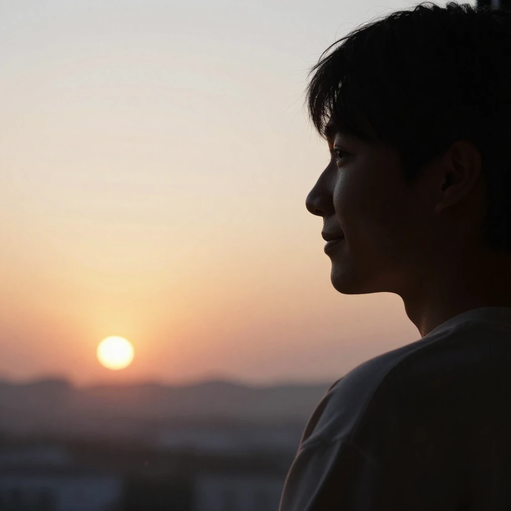 A person's silhouette looking out a window at a sunrise, a s...