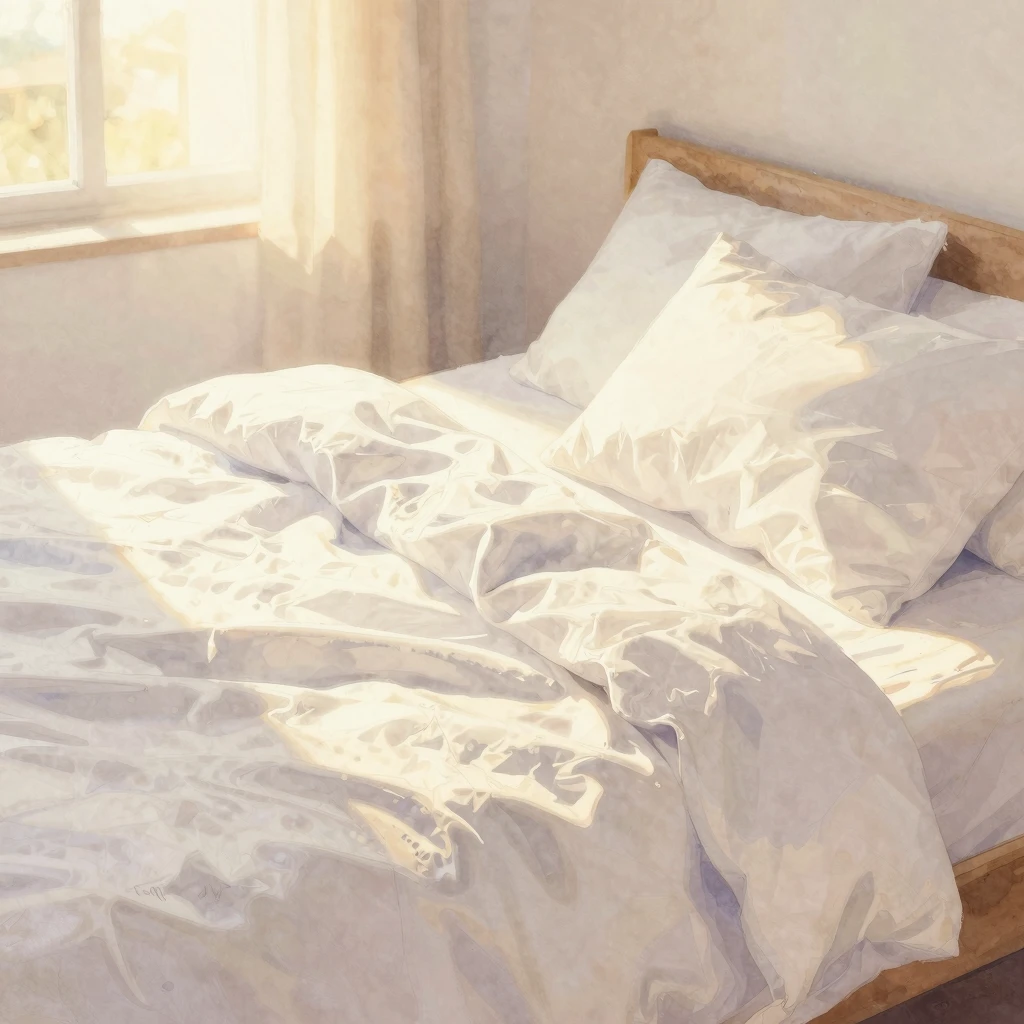 Watercolor style painting of a bedroom bathed in golden sunr...