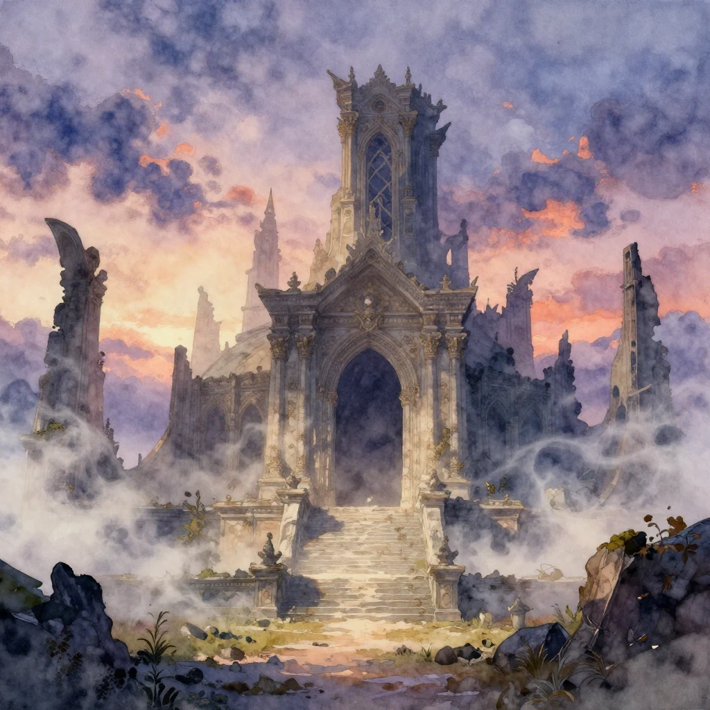 A fantasy scene depicting a grand, ancient ruin under a twil...