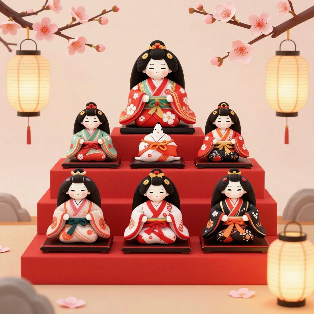 A whimsical illustration of traditional Japanese Hina dolls ...