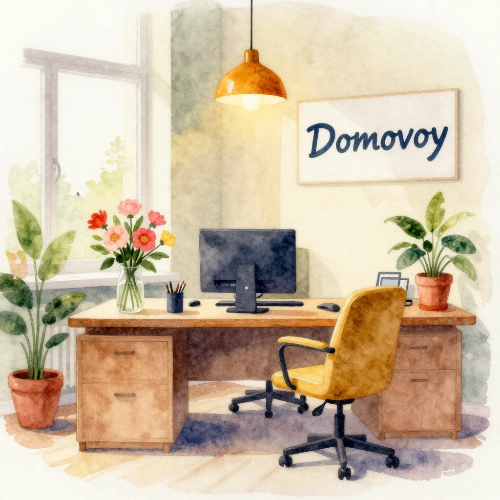 A vibrant watercolor painting of a cozy office interior. The...