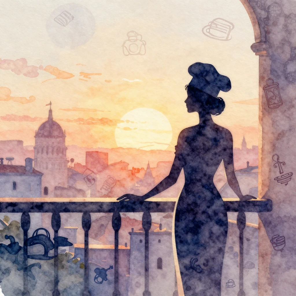 Watercolor illustration blending travel symbols and culinary...