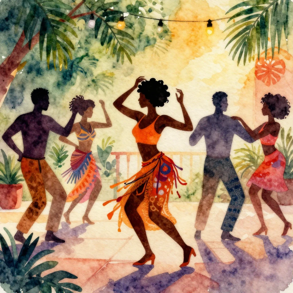 Vibrant watercolor style, Afro-Cuban dance party, silhouette...
