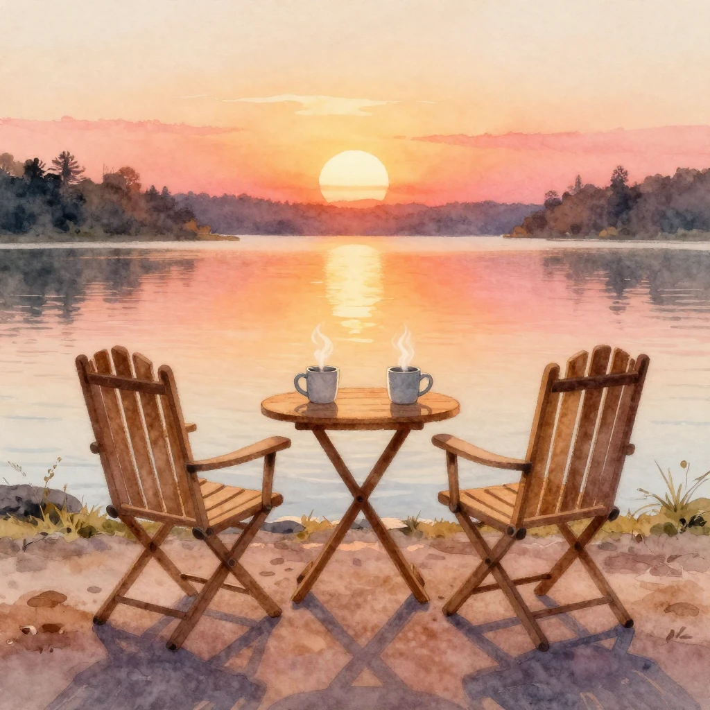 A soft watercolor painting depicting two empty chairs and tw...
