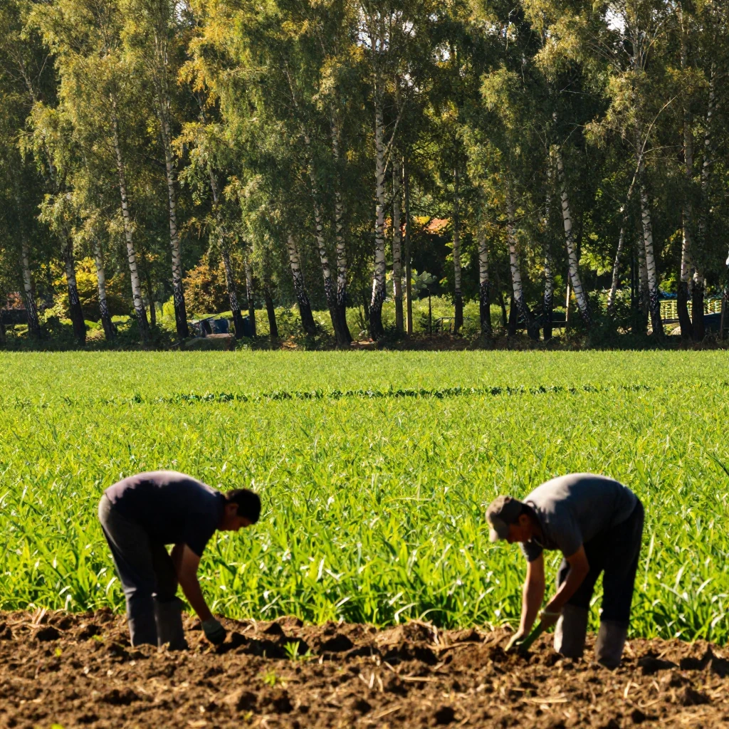 A vibrant, sun-drenched field scene with lush green crops an...
