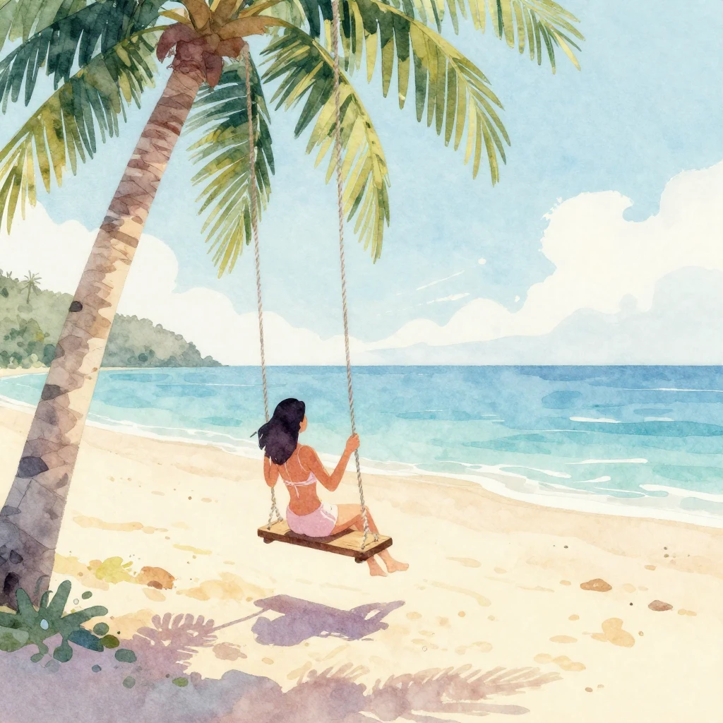 A vibrant watercolor illustration of a serene tropical beach...