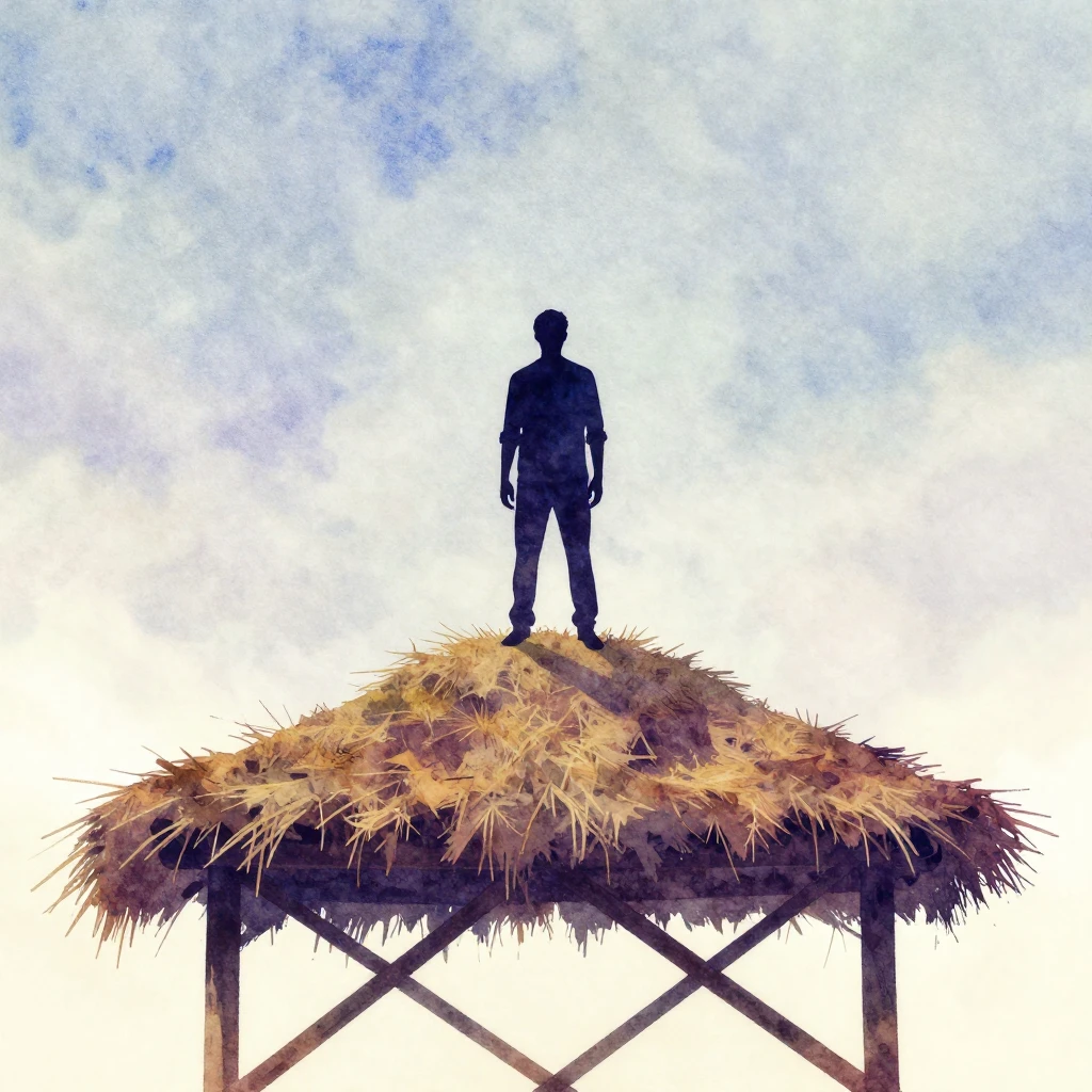 A vibrant watercolor silhouette of a man standing on a haylo...