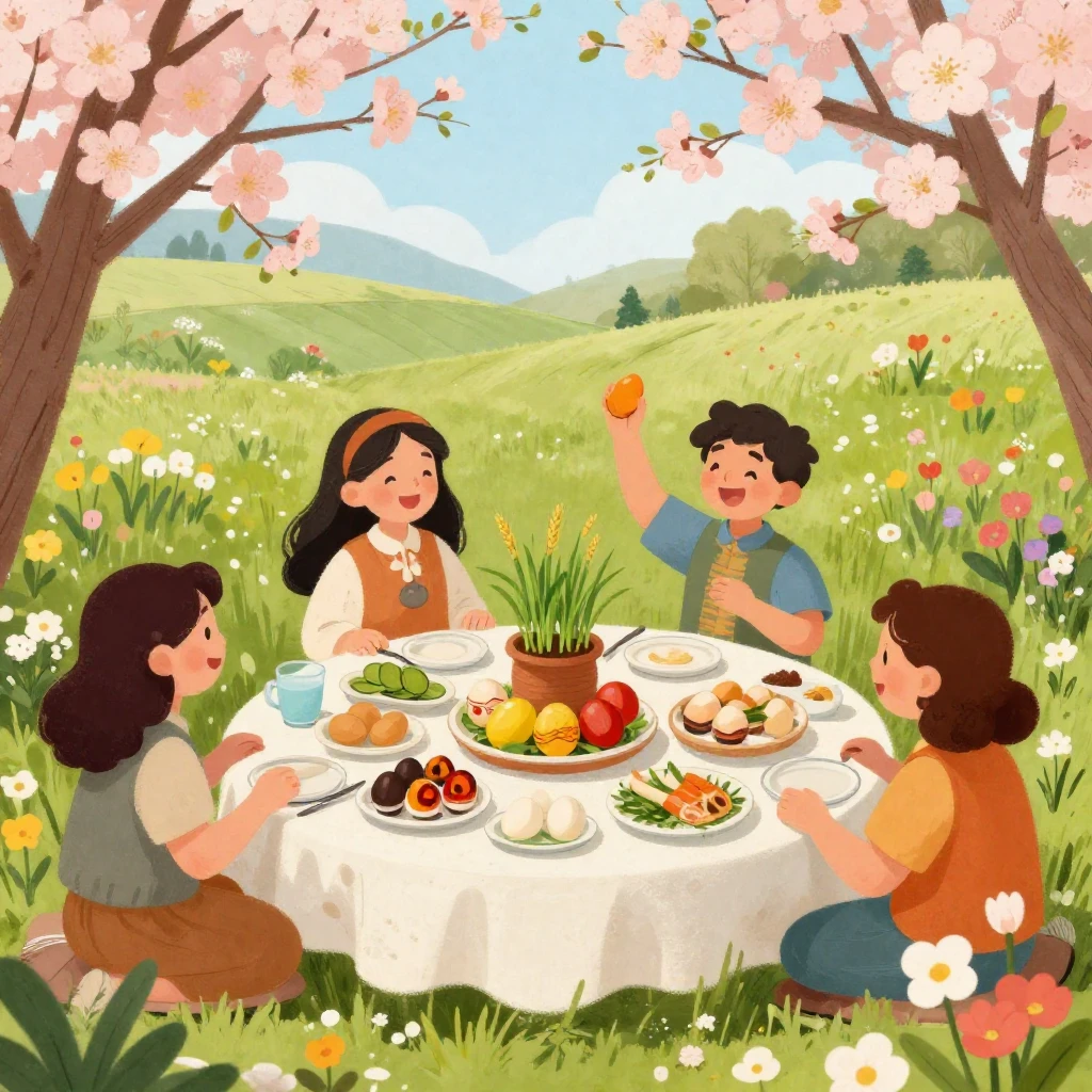 An artistic illustration of a vibrant spring scene with bloo...