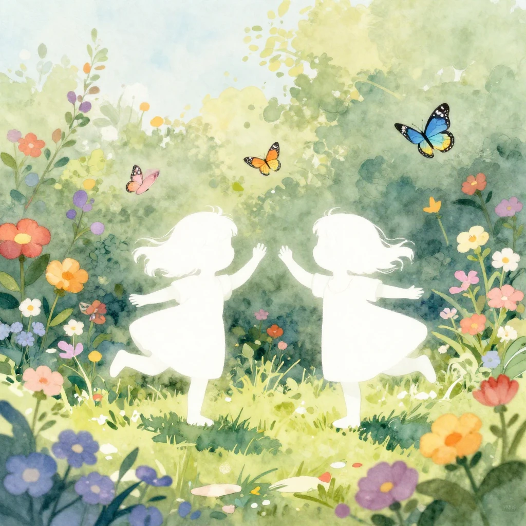 A whimsical watercolor illustration depicting two small, eth...