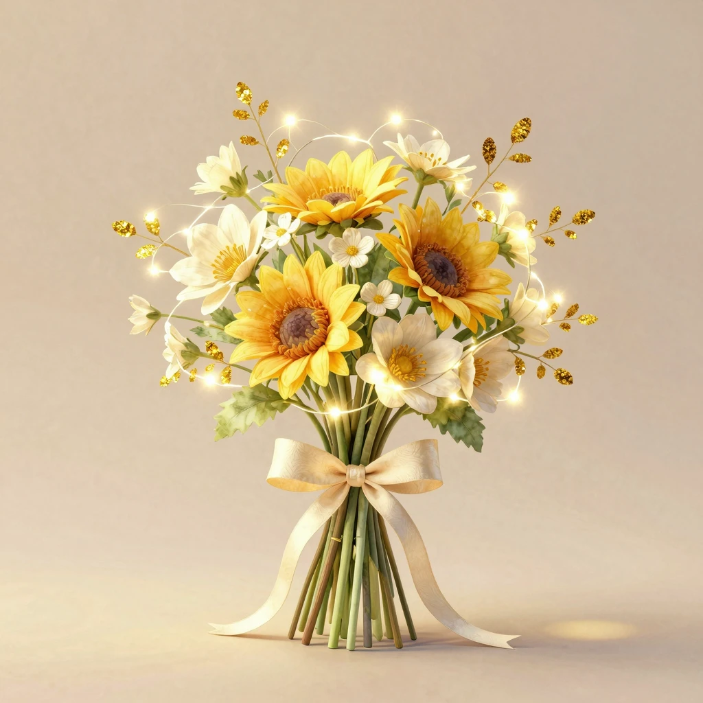 Watercolor bouquet with sparkling fairy lights, golden glitt...