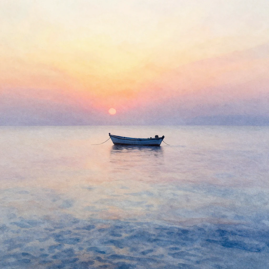 A dreamy seascape with a lone boat on a mystical, foggy sea ...