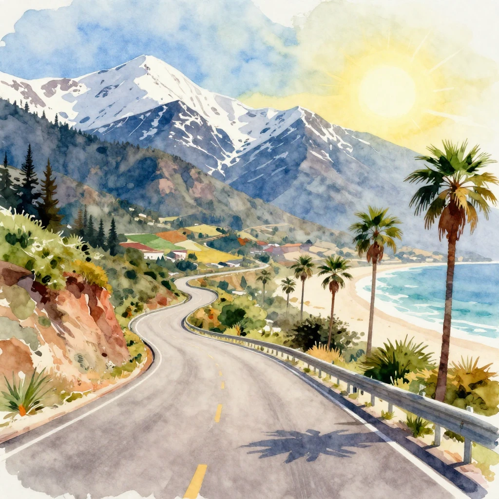 A vibrant watercolor style image of a scenic road winding th...