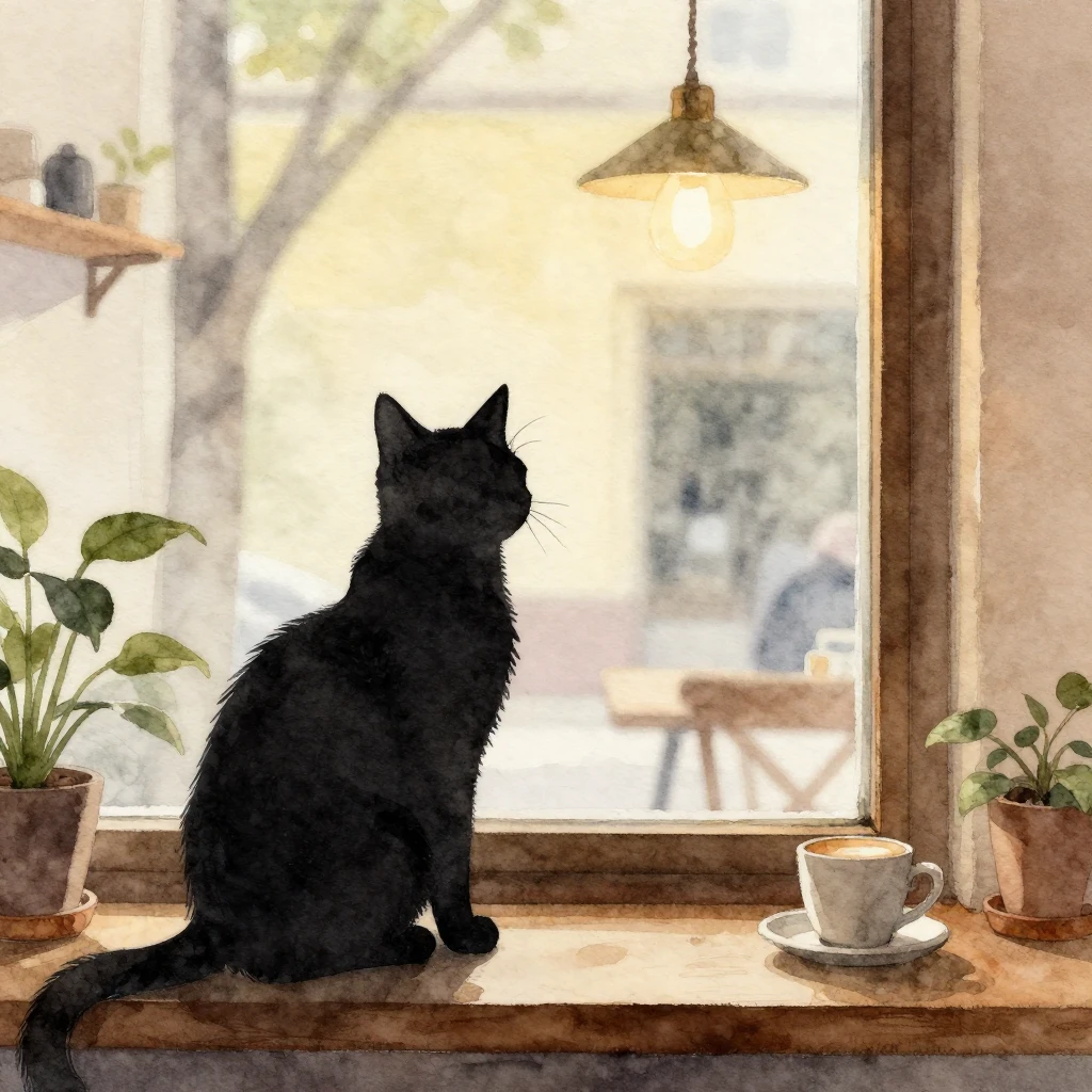 Watercolor style. Silhouette of a cat near a window in a coz...