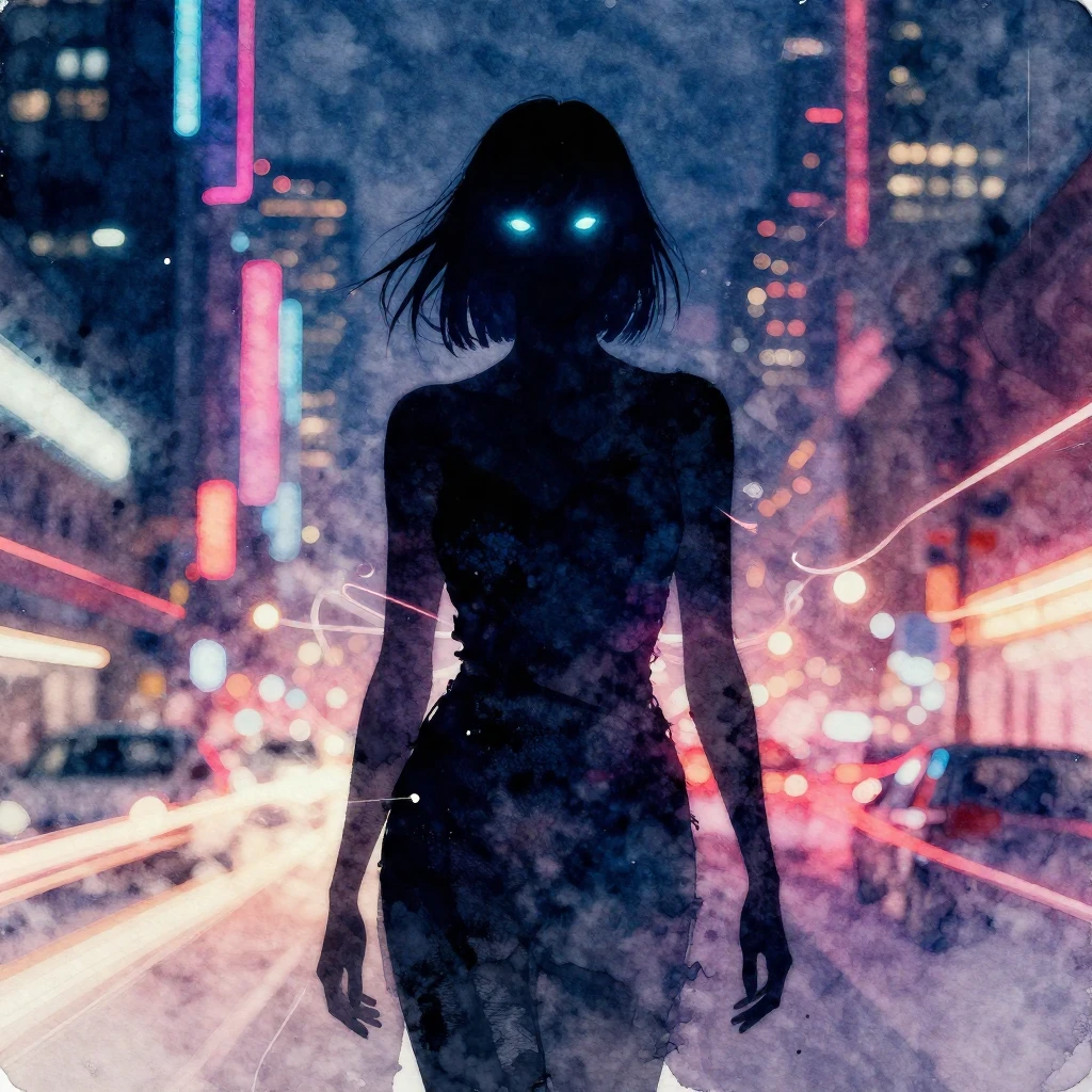A mysterious female silhouette with glowing eyes stands agai...