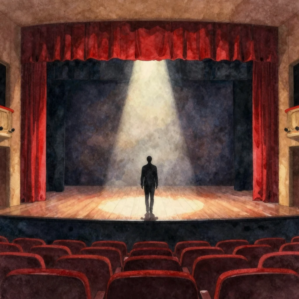 Watercolor painting of a dark silhouette of a performer stan...