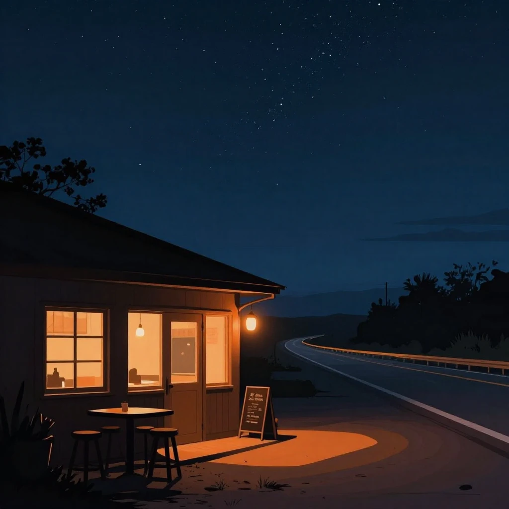 A cozy roadside cafe silhouette at night under a starry sky,...