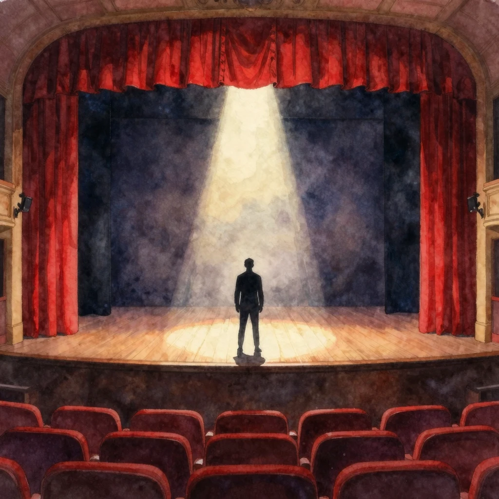 Watercolor painting of a dark silhouette of a performer stan...