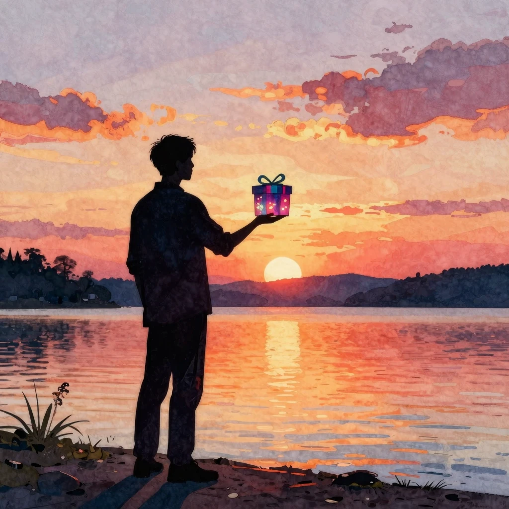 Watercolor style. A silhouette of a man standing on the shor...