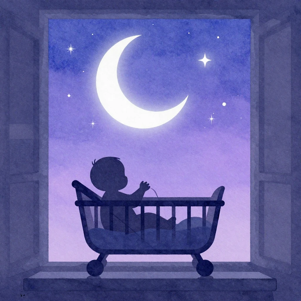 A minimalist watercolor painting of a baby's cradle by a win...