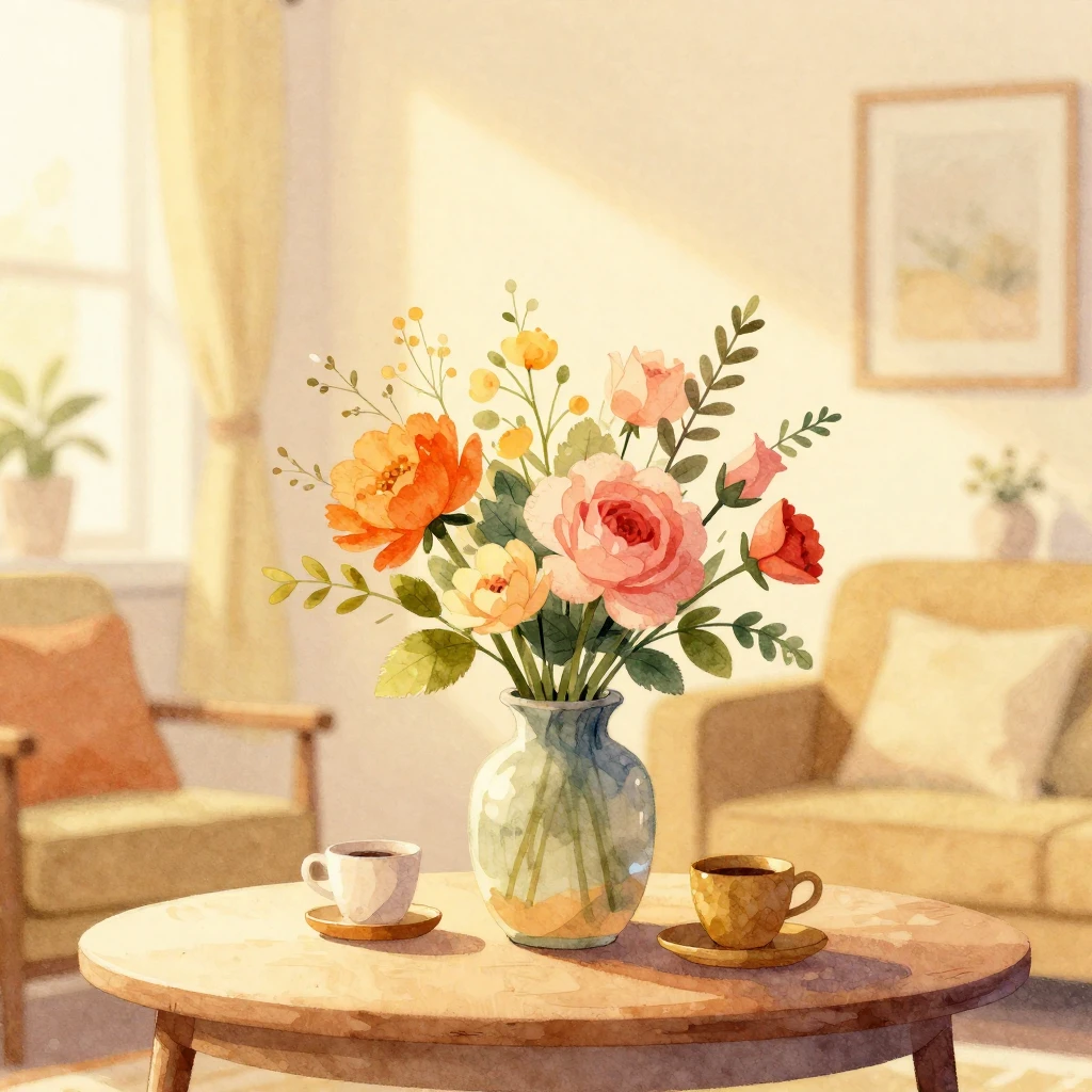 A watercolor style illustration of vibrant blooming flowers ...