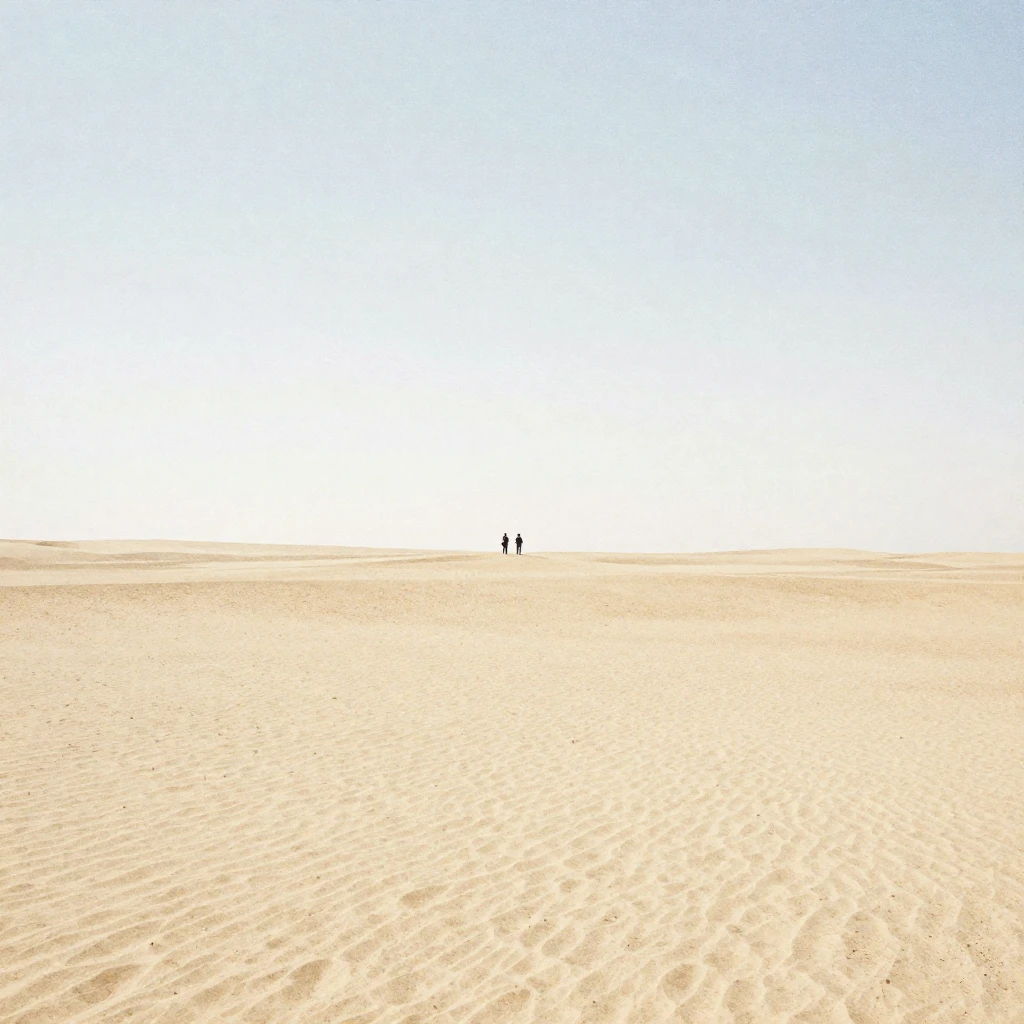 A vast, open landscape with two small, subtle figures in the...