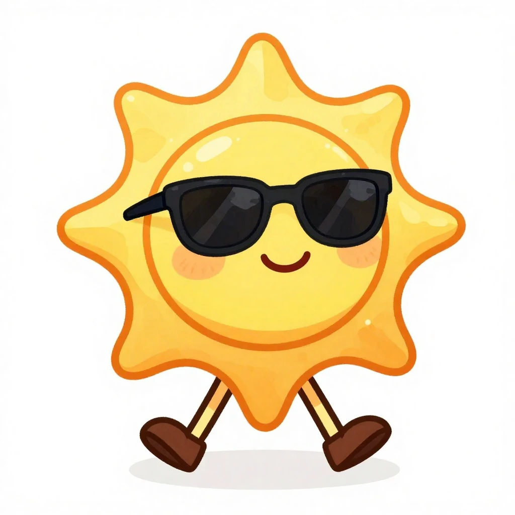 A cute cartoon sun character with a big smile, wearing sungl...