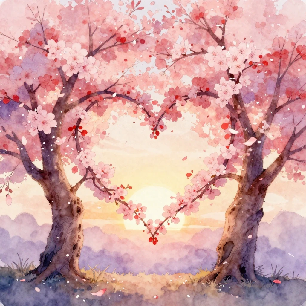 Artistic watercolor illustration of two ancient cherry bloss...