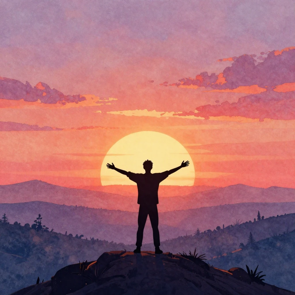 A lone human silhouette standing on a high vantage point, ar...