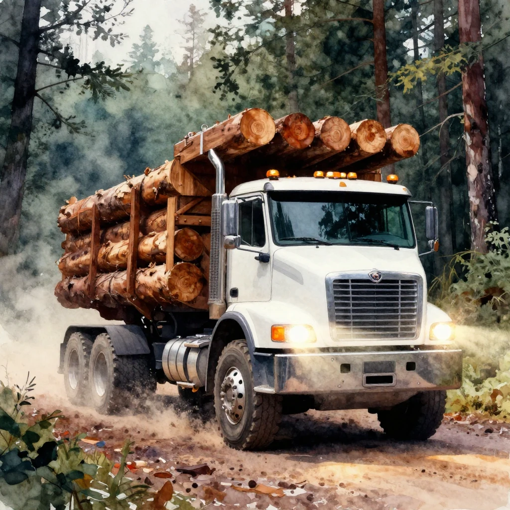 Vibrant watercolor style. Powerful logging truck, driving th...