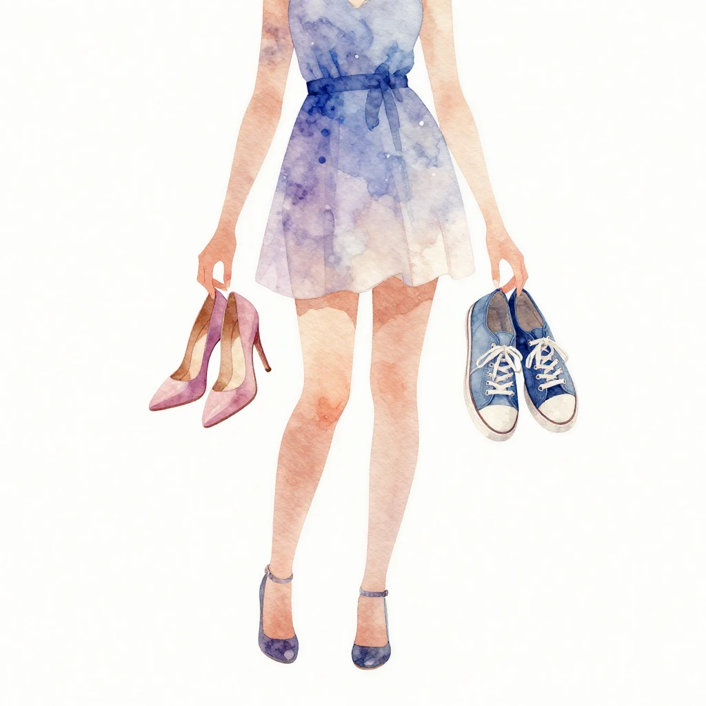 Watercolor style. A silhouette of a girl in a beautiful dres...