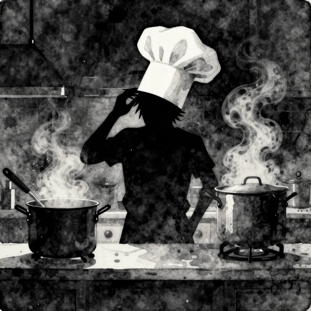 Watercolor style. Silhouette of a chaotic kitchen with a til...