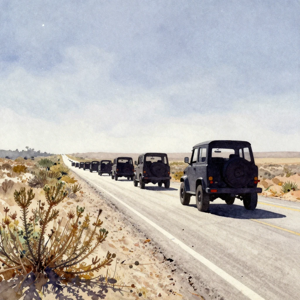 A vibrant watercolor painting showing a convoy of indistinct...