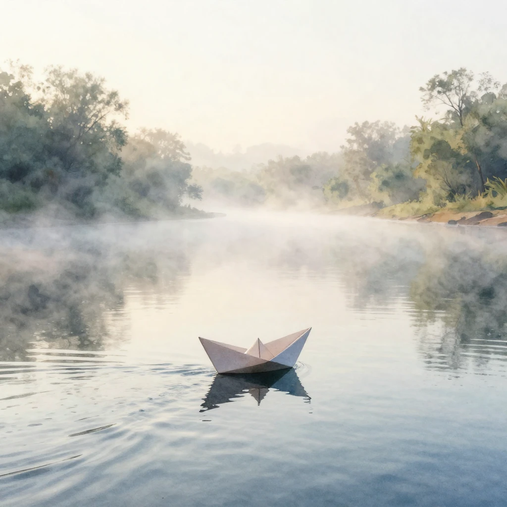 A serene river at dawn, shrouded in thick, white mist. A sma...