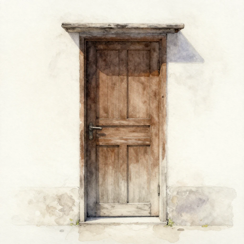 A watercolor painting of a solitary, closed wooden door, ren...