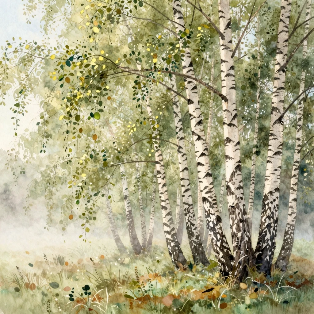 A peaceful landscape of a Russian birch grove in the morning...