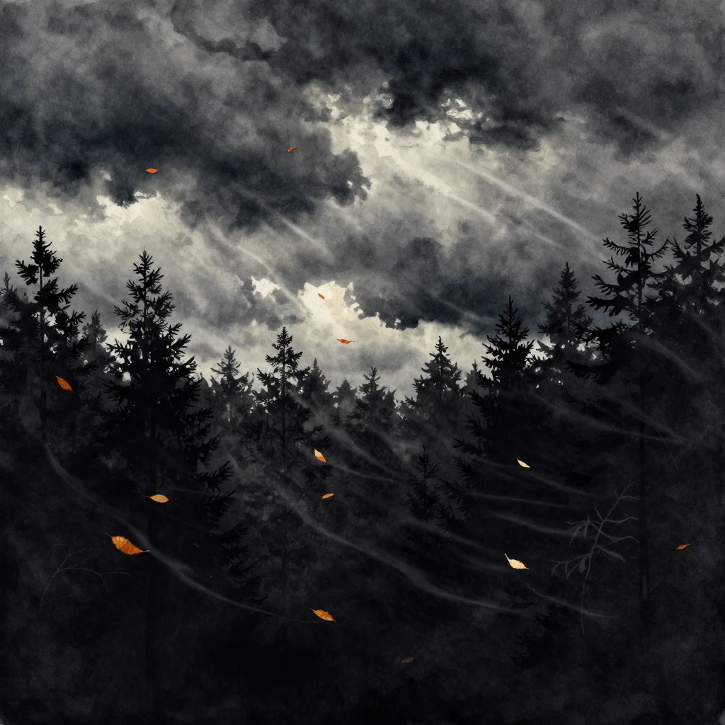 A dark silhouette of a dense forest under a dramatic, stormy...