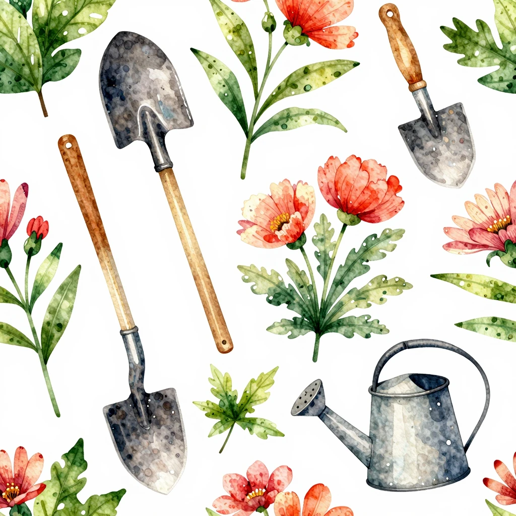 A vibrant watercolor illustration of various garden tools li...