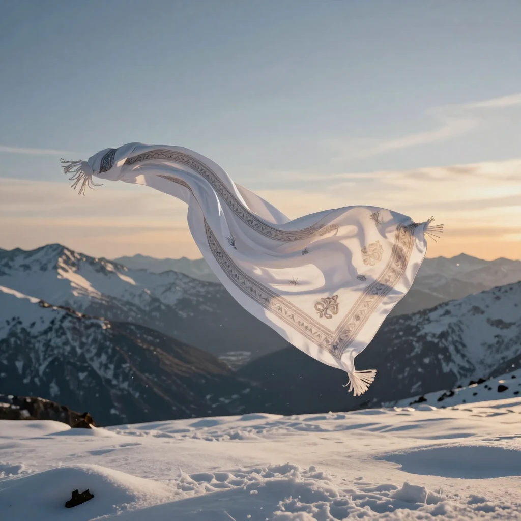 A stylized illustration of a white silk khadag scarf gracefu...