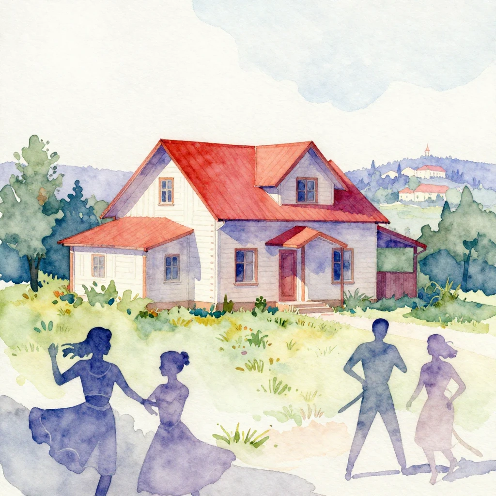 A vibrant watercolor painting with subtle outlines of a hous...