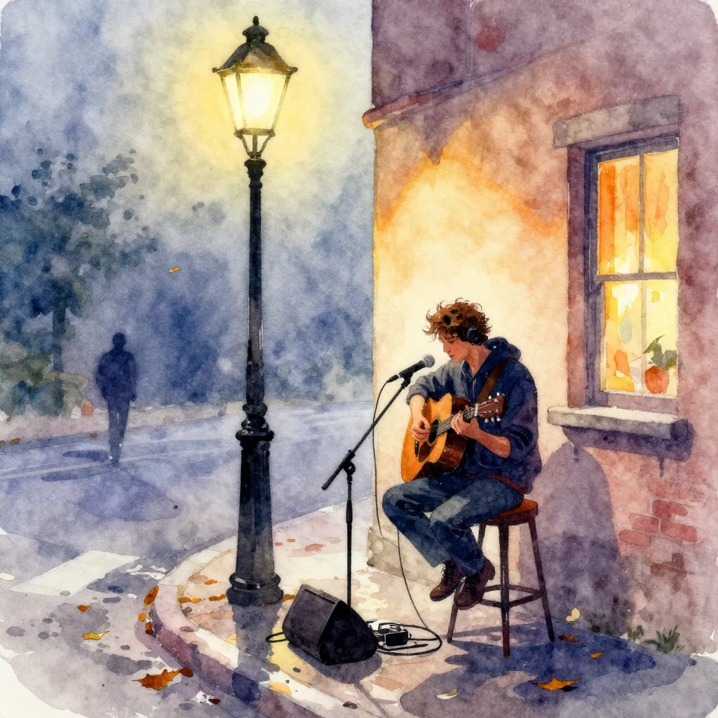 Vibrant watercolor style. Lonely street musician playing gui...