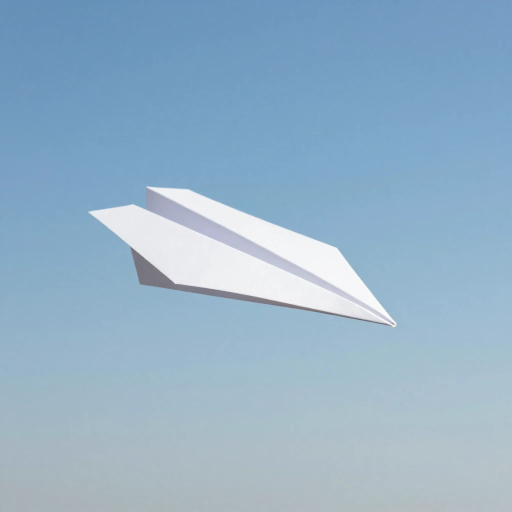 A single, perfectly folded paper airplane flying gracefully ...