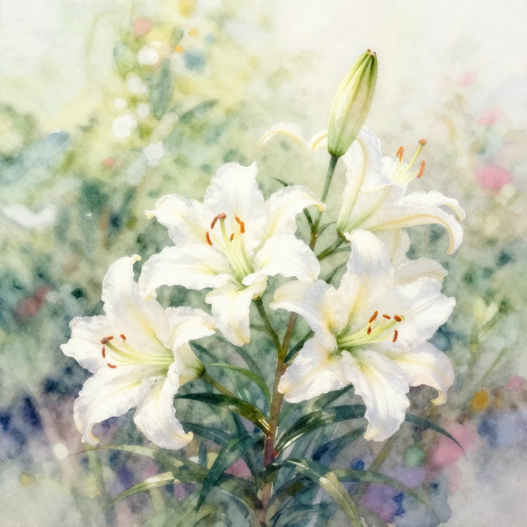 A watercolor painting featuring delicate white lilies in a b...