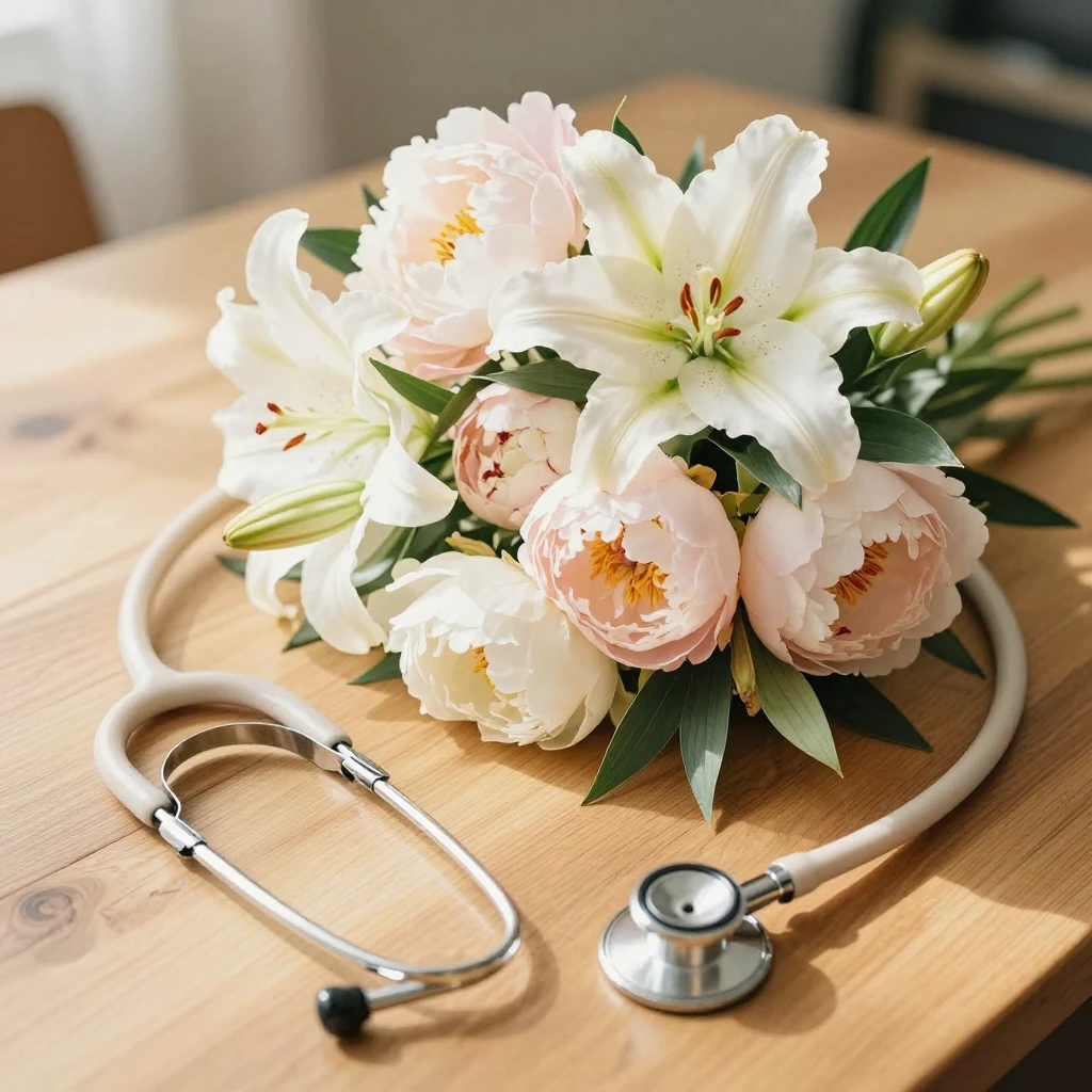 Watercolor style bouquet of delicate peonies and lilies on a...