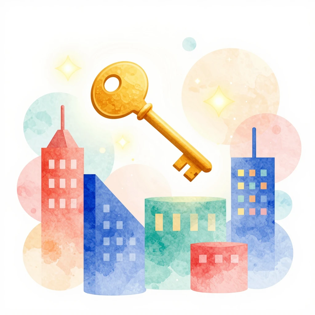 Watercolor style abstract art with a golden key floating abo...