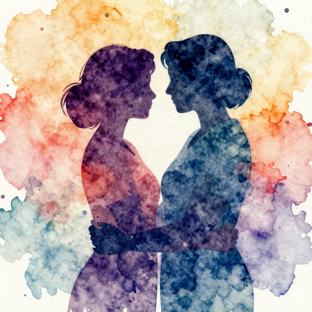 Vibrant watercolor style art, silhouette of a woman and a mo...