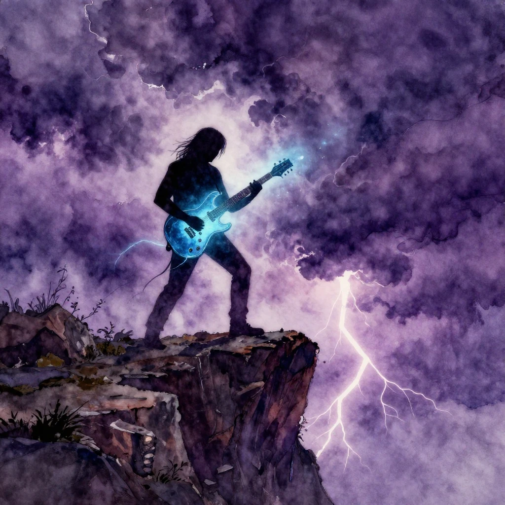 A watercolor painting of a lone guitarist's silhouette on a ...