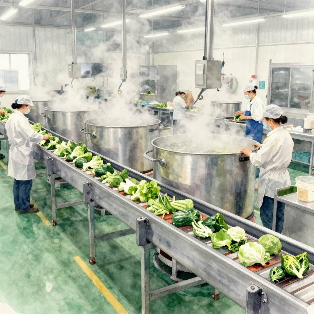 An industrial workshop scene focused on vegetable processing...